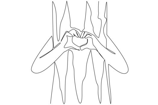 Single continuous line drawing hands hugging a tree trunk while both hands form a love gesture. Symbol for environmental lovers. Care. National Love a Tree Day. One line design vector