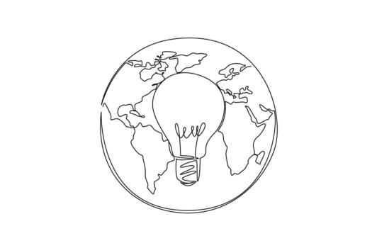 Single continuous line drawing light bulb in the center of the globe. The energy used does not have a negative effect on the earth. International Day of Light. One line illustration vector