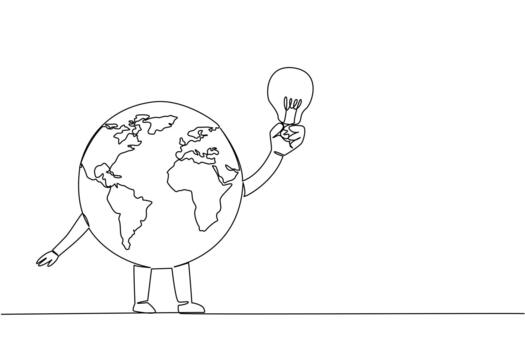 Single one line drawing globe character holding a light bulb. Unique and funny character. Energy dependency. Brighten the earth. International Day of Light. Continuous line design illustration vector