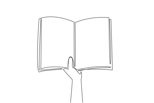 Single continuous line drawing hand holding a notebook. Opening notes. Reading references becomes better. The most learner. Be the best. National Notebook Day. One line illustration vector