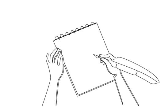 Single one line drawing hand writing in notebook using quill. Taking notes. Practice developing skills. Life notes. The most classic. National Notebook Day. Continuous line design illustration vector