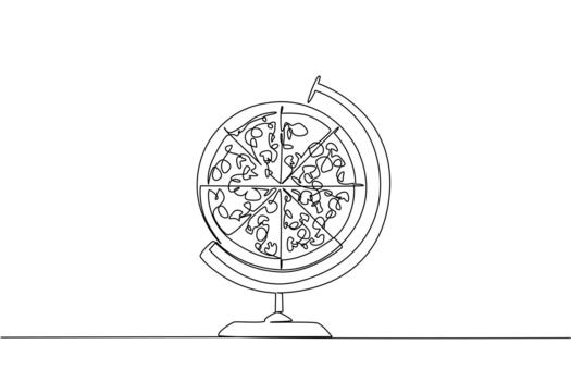 Single one line drawing globe whose center has been replaced with a pizza. Order pizza on special days. Gathering full of joy. National Pizza Party Day. Continuous line design illustration vector