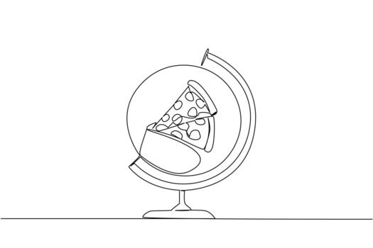 Single continuous line drawing globe whose center is replaced by a plate containing a slice of pizza. A very filling pizza party. Tasty. National Pizza Party Day. One line illustration vector