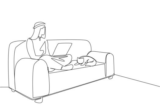 Continuous one line drawing arab man sitting cross legged on sofa with laptop on lap and cat lying down. Remote work abroad. National Work From Home Day. Single line draw illustration vector