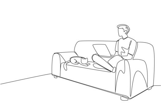Single one line drawing a man sitting cross legged on sofa with laptop on lap and cat lying down. Making financial reporting. National Work From Home Day. Continuous line design illustration vector