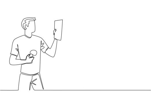 Single continuous line drawing a man holding a book and other hand holding a mushroom. Observing types and shapes based on science. National Mushroom Hunting Day. One line illustration vector