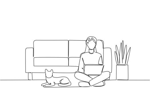 Continuous one line drawing woman sitting cross legged on floor with laptop on lap and cat lying down. Architect. Designing. National Work From Home Day. Single line draw illustration vector