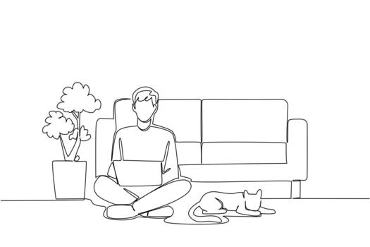 Single one line drawing man sitting cross legged on the floor with laptop on lap and cat lying down. Creating a tax invoice. National Work From Home Day. Continuous line design illustration vector