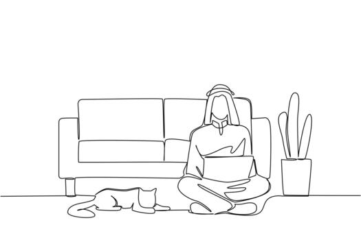 Continuous one line drawing arab man sits crosses legged on floor with laptop on lap and cat lying down. Creating application. National Work From Home Day. Single line draw illustration vector