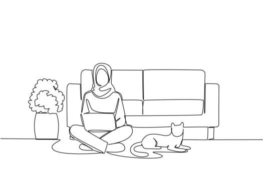Single continuous line drawing arab woman sitting cross legged on floor with laptop on lap and cat lying down. Creating a sales flow. National Work From Home Day. One line design vector