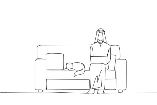 Continuous one line drawing arab man sits on sofa typing laptop on lap and cat lying down. Do not rush to complete deadlines. National Work From Home Day. Single line draw design vector