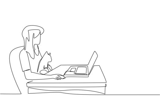 Single continuous line drawing a woman sits on a chair typing on a laptop and hugging a cat. Creating charts for online presentations. National Work From Home Day. One line illustration vector