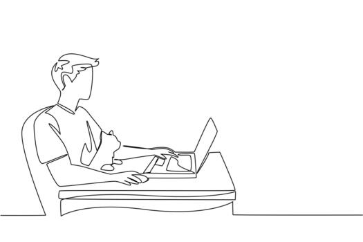 Single one line drawing a man sits on a chair typing on a laptop and hugging a cat. Creating cutting edge applications. Busy. National Work From Home Day. Continuous line design illustration vector