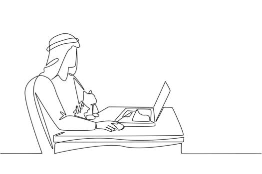 Continuous one line drawing an arab man sits on a chair typing on a laptop and hugging a cat. Lots of reports on deadline day. National Work From Home Day. Single line draw illustration vector