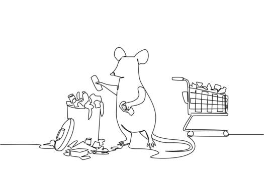Single continuous line drawing rats throw rubbish from the box in the trolley into the trash can. Throw garbage in its place. Environment. National Pack Rat Day. One line design vector
