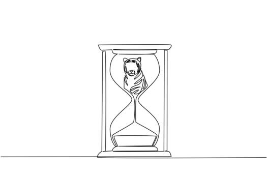 Continuous one line drawing the bottom of the tiger is sucked into the hourglass. Habitat loss due to deforestation. Save. National Endangered Species Day. Single line draw design vector