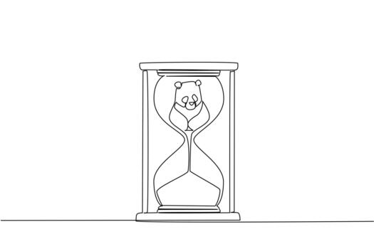 Single continuous line drawing the bottom of panda is sucked into the hourglass. Low reproduction rate. Towards extinction faster. National Endangered Species Day. One line illustration vector