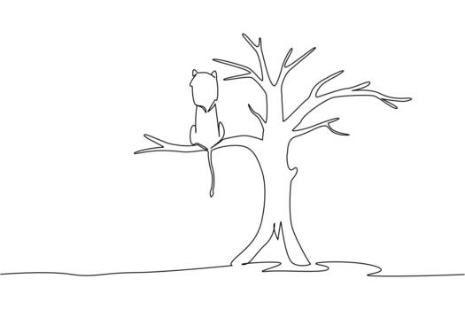 Continuous one line drawing lion is sitting on a big dry tree branch. The food chain is slowly changing. Bad adaptation. National Endangered Species Day. Single line draw design vector