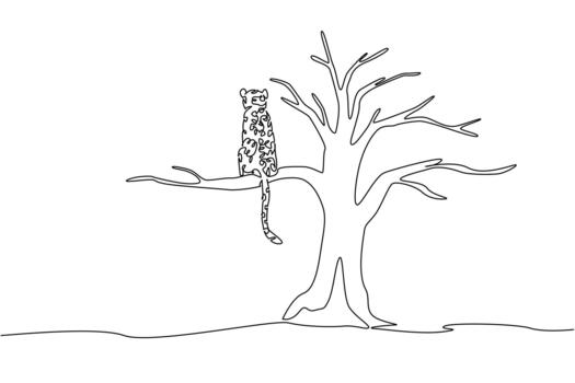 continuo uno línea dibujo leopardo sentado en seco árbol rama. ambiental dañar en todos lados. extinción es inminente. nacional en peligro de extinción especies día. soltero línea dibujar ilustración vector
