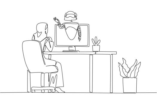 Single continuous line drawing Arab woman sits facing monitor that comes out of robot on work desk. Ask AI about work. Help. International Virtual Assistants Day. One line design vector