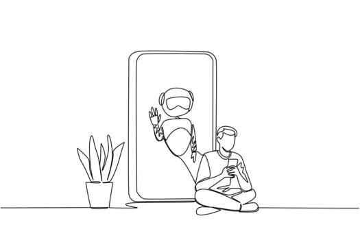 soltero uno línea dibujo hombre se sienta cruzar patas sostiene un teléfono inteligente y grande teléfono inteligente con robot. consumidor conveniencia. internacional virtual asistentes día. continuo línea diseño ilustración vector