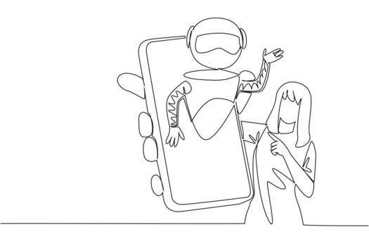 continuo uno línea dibujo mujer sostiene teléfono inteligente con robot viniendo fuera de el pantalla. tecnológico sofisticación. internacional virtual asistentes día. soltero línea dibujar diseño vector