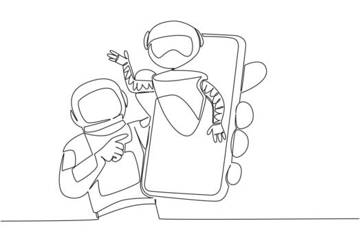 Single continuous line drawing astronaut holds smartphone with robot comes out of screen. Curiosity about space exploration. International Virtual Assistants Day. One line illustration vector