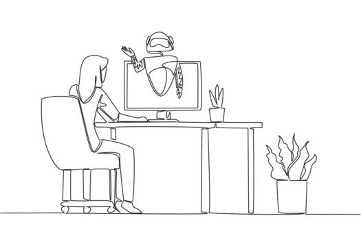 Continuous one line drawing woman sits facing monitor that comes out of robot on work desk. How to make animation. International Virtual Assistants Day. Single line draw illustration vector