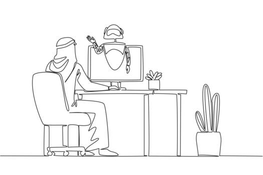 One line drawing of an Arabian man working at a desk with an AI assistant on screen for a technology concept. This virtual support theme is for International Virtual Assistants Day event. vector