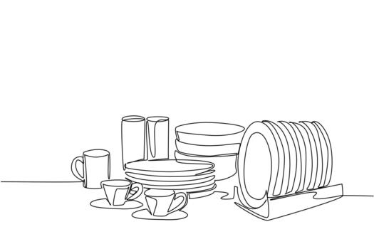 soltero uno línea dibujo filas de platos, bochas, tazas y tazas. organizar con cuidado. orden. según a función. cena evento. nacional No sucio platos día. continuo línea diseño ilustración vector