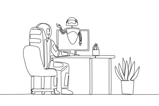 soltero continuo línea dibujo astronauta caras monitor y desde monitor pantalla un robot viene afuera. astronauta preguntando para ayuda. internacional virtual asistentes día. uno línea diseño vector