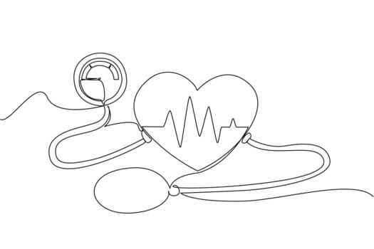 Single continuous line drawing heart pulse graph in center of the heart with pump and blood pressure meter at both ends. Medical checkup. World Hypertension Day. One line design vector