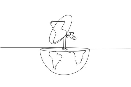 Single continuous line drawing half globe cut with satellite receiver on top. Stable signal from space. Tech. World Telecommunication and Information Society Day. One line illustration vector