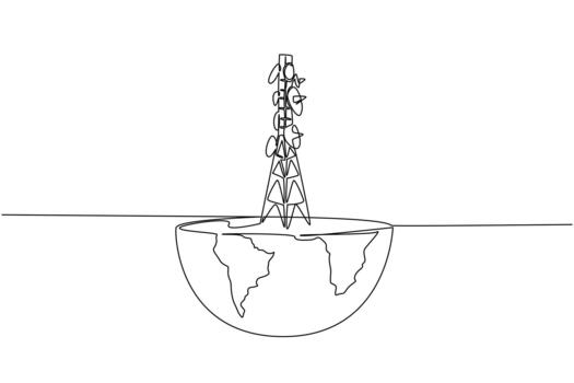 Single one line drawing half globe cutout with transmitter tower on top. Technology needs. Radio. Data. World Telecommunication and Information Society Day. Continuous line design illustration vector
