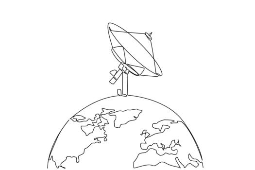 Single continuous line drawing half globe with satellite receiver on top. Receiving signals from outer space. World Telecommunication and Information Society Day. One line design vector