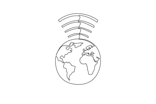 Continuous one line drawing full globe with wifi waves on top. Significant development of technology. World Telecommunication and Information Society Day. Single line draw illustration vector