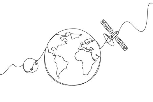 Single continuous line drawing globe with satellite on it. Technology for human convenience. Science. Digital. World Telecommunication and Information Society Day. One line illustration vector