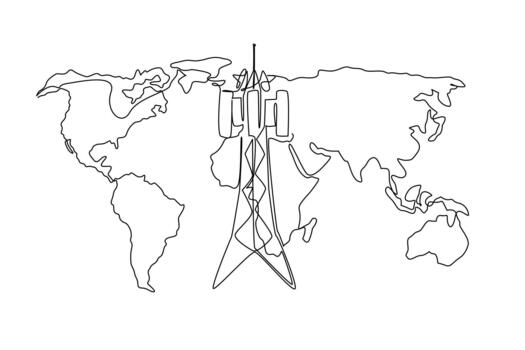 Single one line drawing transmitter tower with world map background. Satellite coverage is widespread. World Telecommunication and Information Society Day. Continuous line design illustration vector