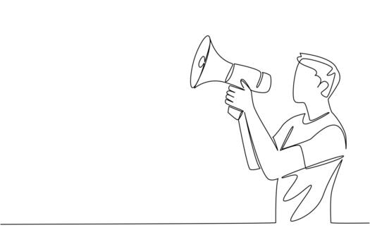Continuous one line drawing casual dressed man holding megaphone and shouting. Shout out. Give a speech in the crowd. Loud voice. National Be Heard Day. Single line draw design vector