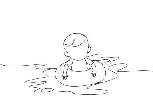 Continuous one line drawing baby boy wearing swimming ring. Fear was replaced by joy after being exposed to water. Floating. National Learn to Swim Day. Single line draw illustration vector