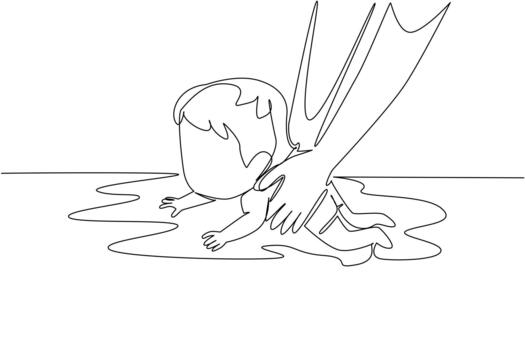 continuo uno línea dibujo mano participación bebé niña aprendizaje a nadar. práctica. lleno supervisión a evitar el el peor. instructor. nacional aprender a nadar día. soltero línea dibujar ilustración vector