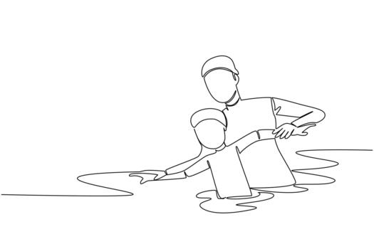 Continuous one line drawing a woman holding a boy learning to swim. Taught to swim by a mother with full dedication. Exercise. National Learn to Swim Day. Single line draw design vector