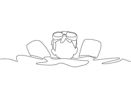 Continuous one line drawing a boy learns to swim using a swim noodle and his head is visible. Independent floating exercises. National Learn to Swim Day. Single line draw illustration vector