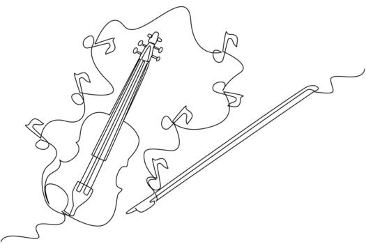Continuous one line drawing violin with strings and around it there are many scattered musical note signs. Produces harmonious tones. World Fiddle Day. Single line draw illustration vector
