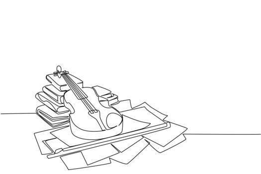 Single one line drawing violin on sheets of notation and stacks of old books. Looking inspiration for melodious tunes. Soothing chants. World Fiddle Day. Continuous line design illustration vector