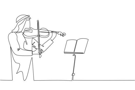 Continuous one line drawing an Arab man playing the violin in front of the note stand. Memorizing the scales for a perfect concert. Sound. World Fiddle Day. Single line draw illustration vector