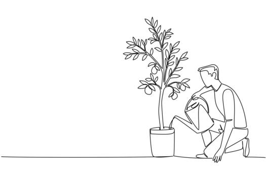 Single one line drawing a man watering a lemon tree in a pot using a watering can. Water it. Enjoy the results at harvest time. Plant a Lemon Tree Day. Continuous line design illustration vector