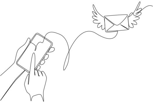 Single continuous line drawing winged envelope emerges from the screen of smartphone being held by hand. Technology in hand. Send an Electronic Greeting Card Day. One line illustration vector