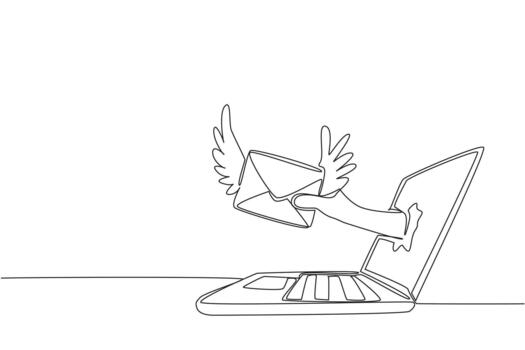 Continuous one line drawing hand holding winged envelope comes out of laptop screen. Stable network to send greetings. Send an Electronic Greeting Card Day. Single line draw illustration vector