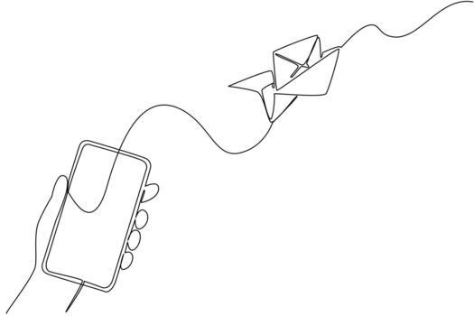 soltero uno línea dibujo papel avión volador fuera de el teléfono inteligente pantalla. enviar saludos vía móvil solicitud. enviar un electrónico saludo tarjeta día. continuo línea diseño ilustración vector